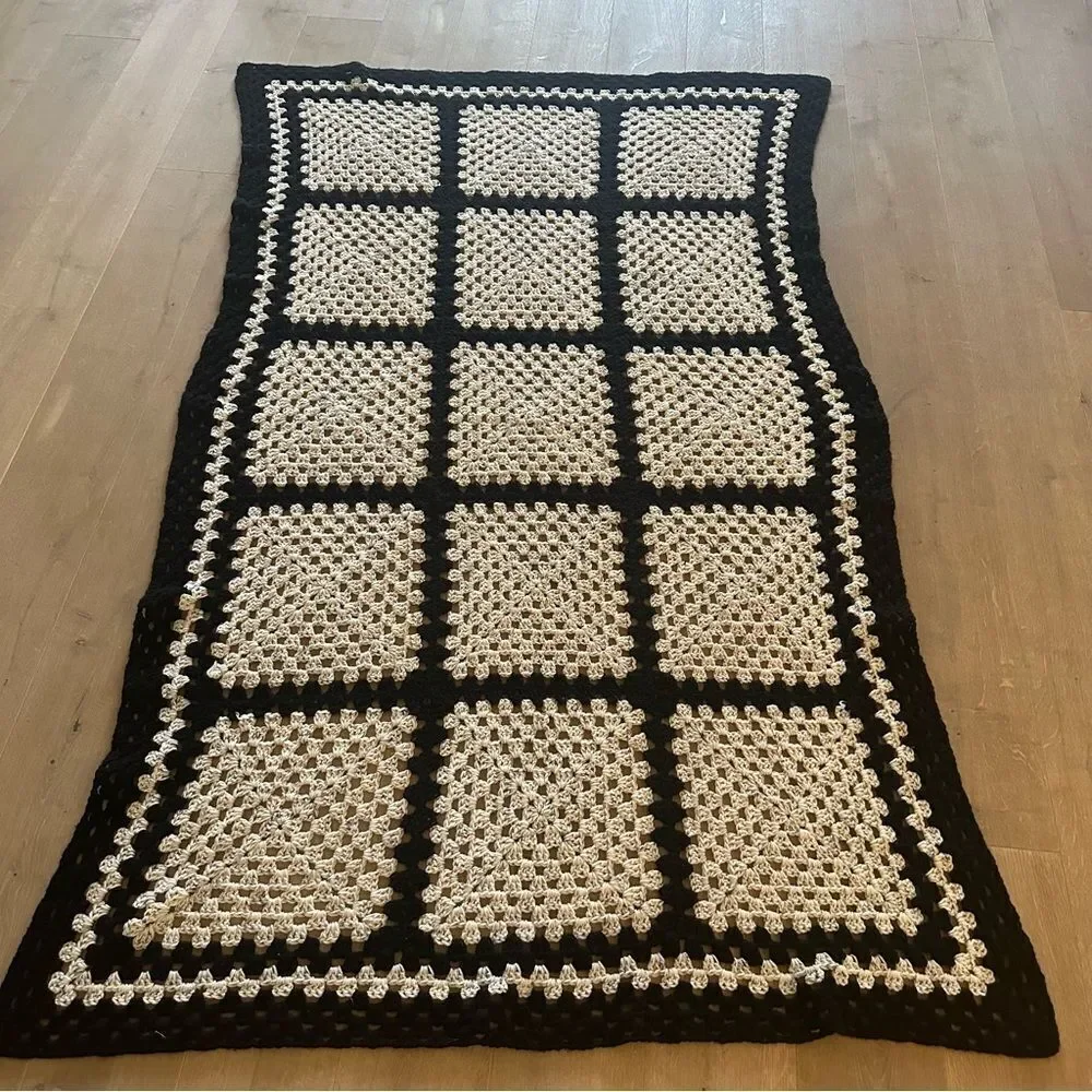 Handmade Crochet Throw Blanket Granny Blanket Sweater Style Beige Black